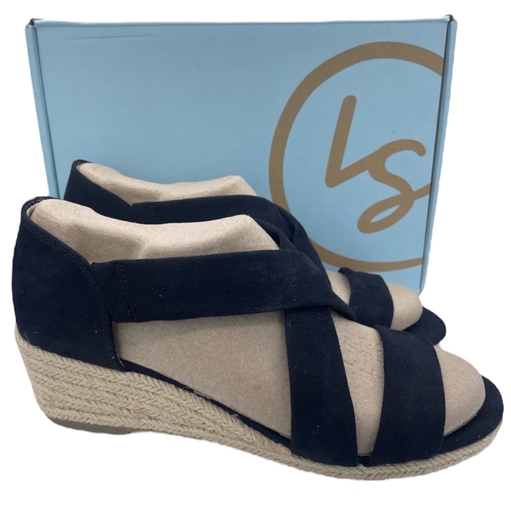 Life Stride suede wedge espadrille black sandals slip ons women Size 8 1/2M